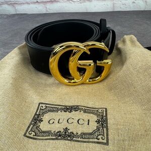 Authentic Gucci GG Marmont Wide Black Leather Belt Gold Buckle 406831 110/44